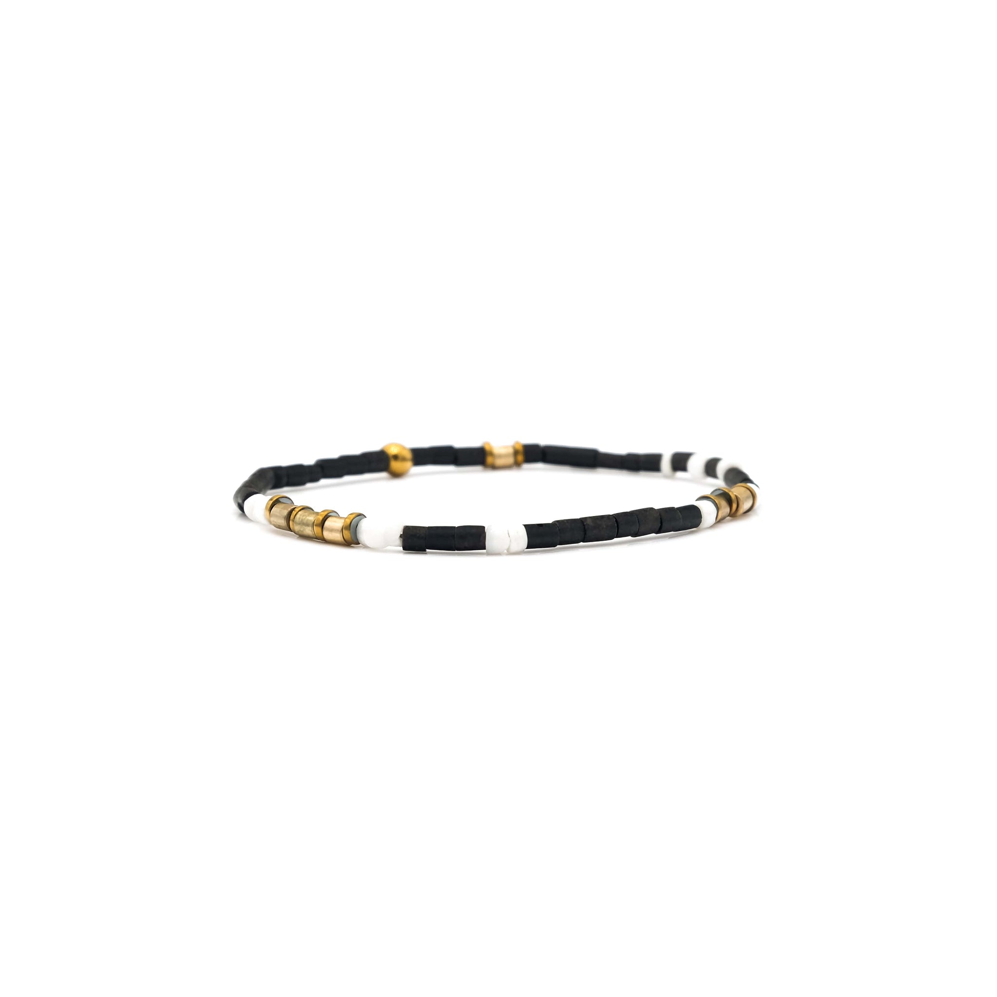 Handcrafted designer stone mini heishi stretch bracelet with black jade shell hematite beads - popvibe