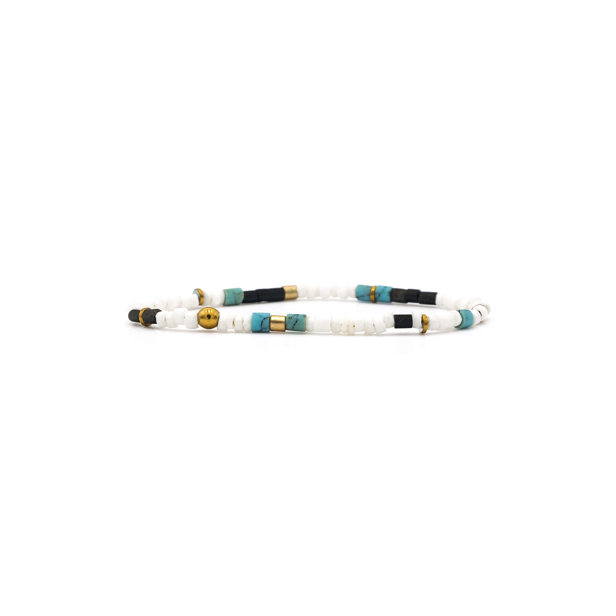 Handcrafted designer stone mini heishi stretch bracelet with black jade clam shell turquoise hematite beads - popvibe