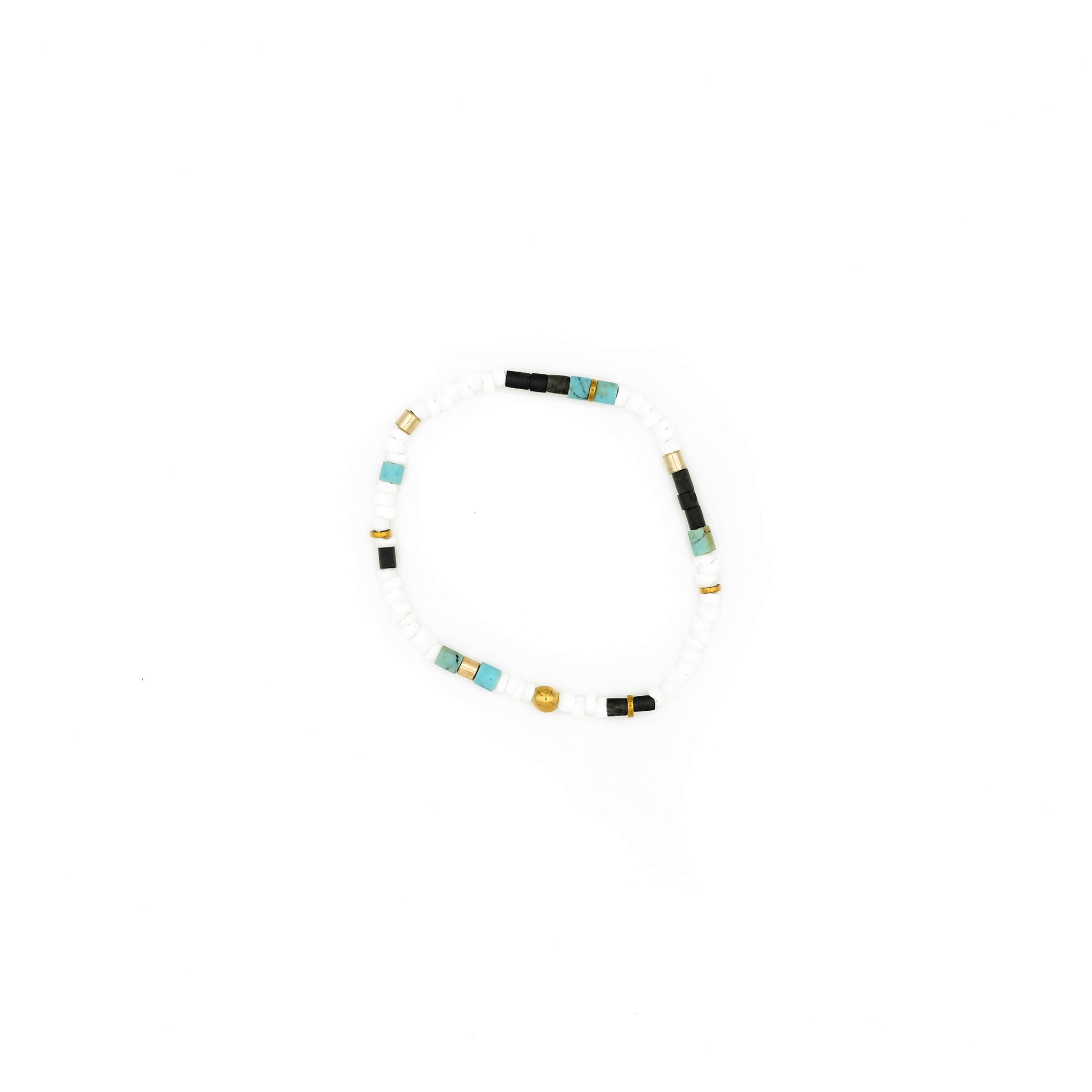 Handcrafted designer stone mini heishi stretch bracelet with black jade clam shell turquoise hematite beads - popvibe