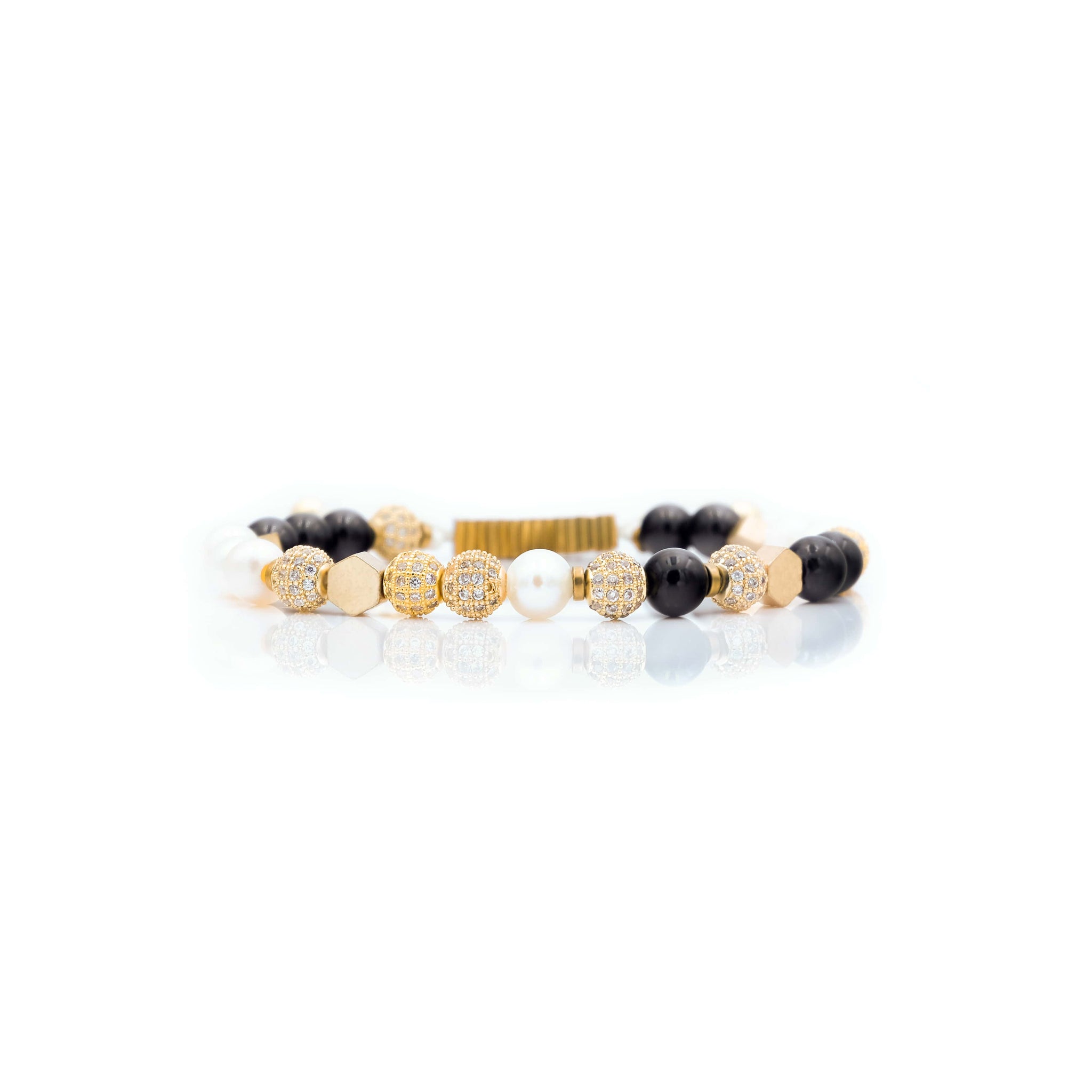 Pearl, Onyx, Hexagon Brass & CZ Diamond Bracelet | Project C.U.R.E.